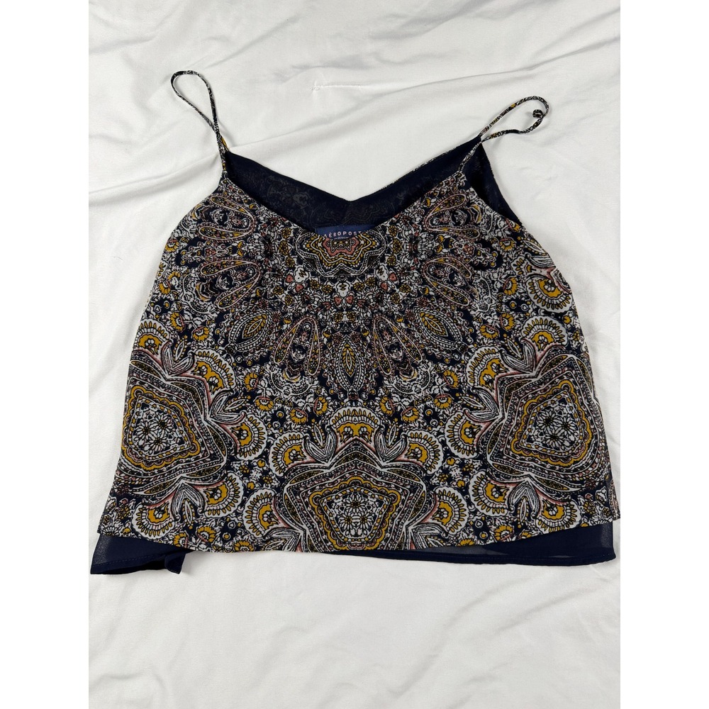 Aeropostale Womens XS Navy Paisley Mandala Print Layered Chiffon Cami Tank Top